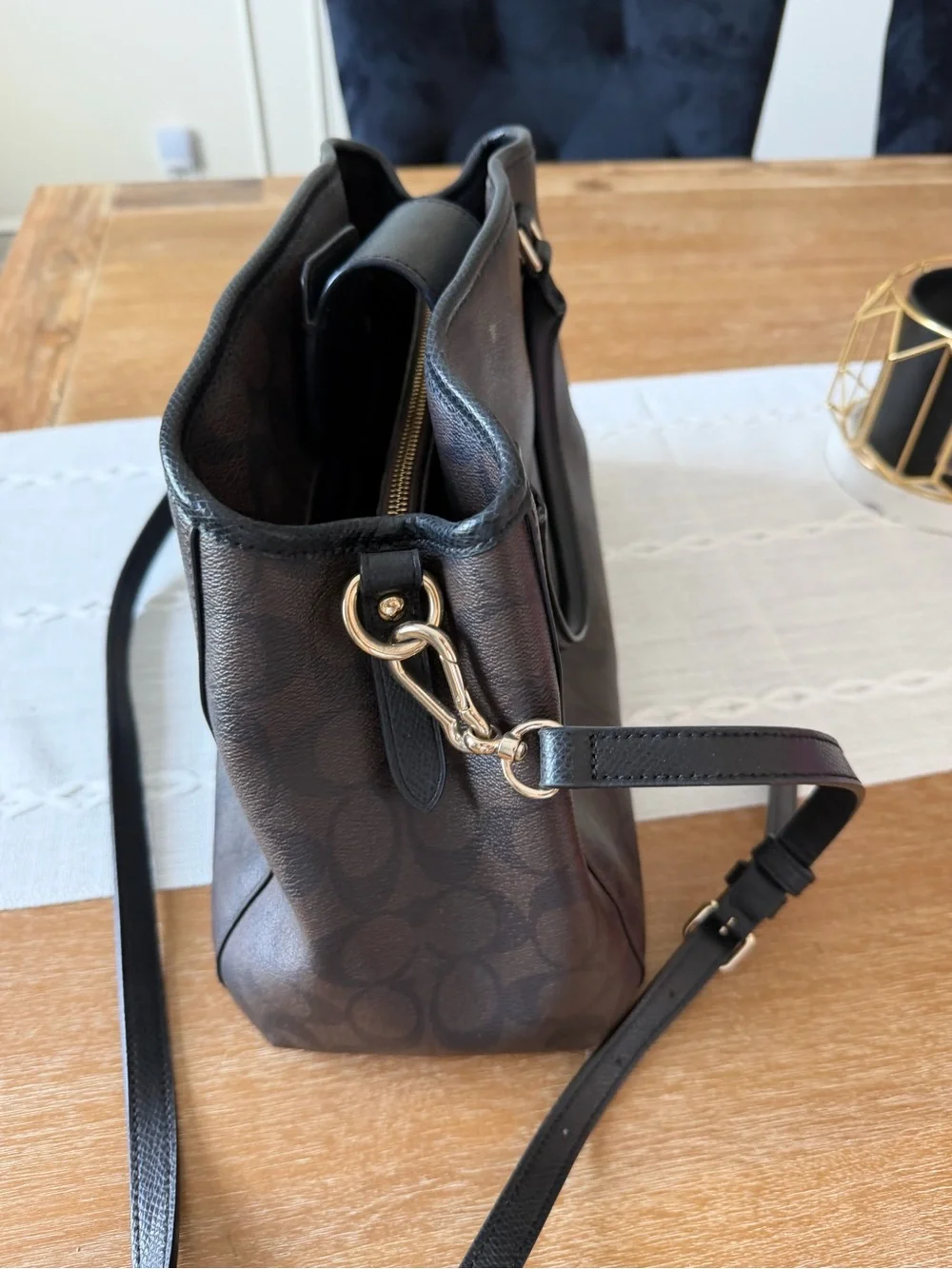 Coach Dark Brown Signature Satchel with Black Trim